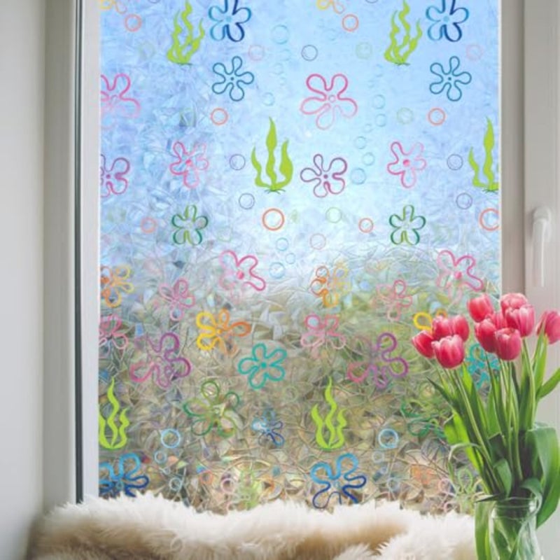Window Privacy Film Rainbow Flower Bubbles Window Clings 3D Decorative Vinyl Stained Glass Under the Sea Ocean Seaweed Decals Static Sticker Non-Adhesive, 15.75 x 40 inches - Image 1