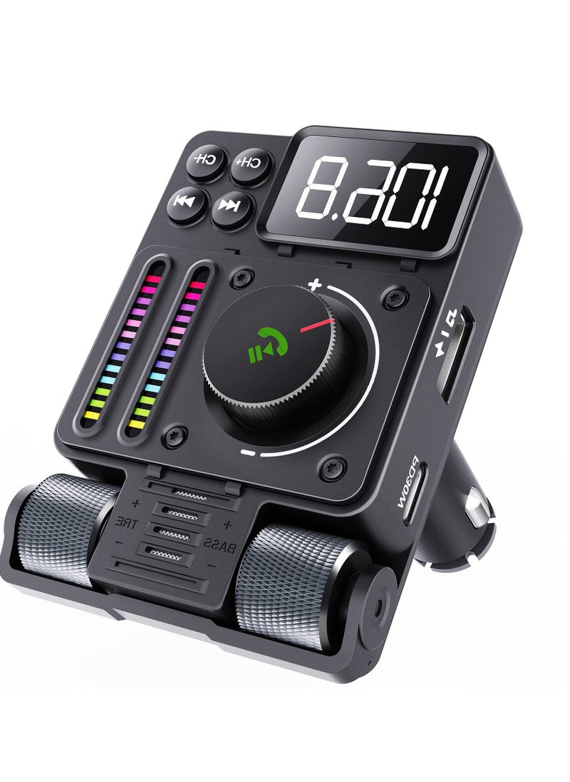 Excefore Bluetooth 5.3 FM Transmitter for Car, Bluetooth Car Adapter, PD 30W Type C Fast Charge and USB Port, HiFi Treble & Bass Player, Color Screen,  Music Light Bar, Support Hands-Free Calling  - Image 1