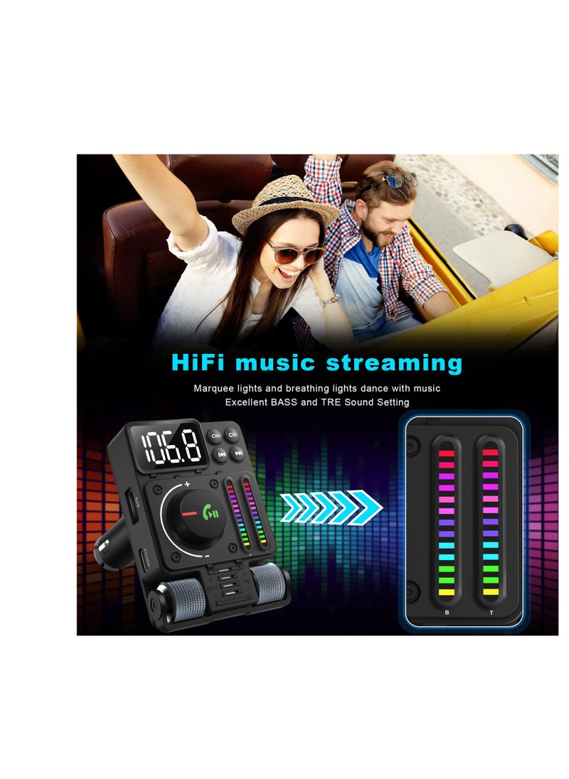 Excefore Bluetooth 5.3 FM Transmitter for Car, Bluetooth Car Adapter, PD 30W Type C Fast Charge and USB Port, HiFi Treble & Bass Player, Color Screen,  Music Light Bar, Support Hands-Free Calling  - Image 2