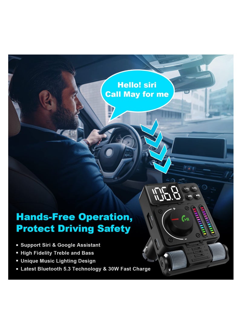 Excefore Bluetooth 5.3 FM Transmitter for Car, Bluetooth Car Adapter, PD 30W Type C Fast Charge and USB Port, HiFi Treble & Bass Player, Color Screen,  Music Light Bar, Support Hands-Free Calling  - Image 5