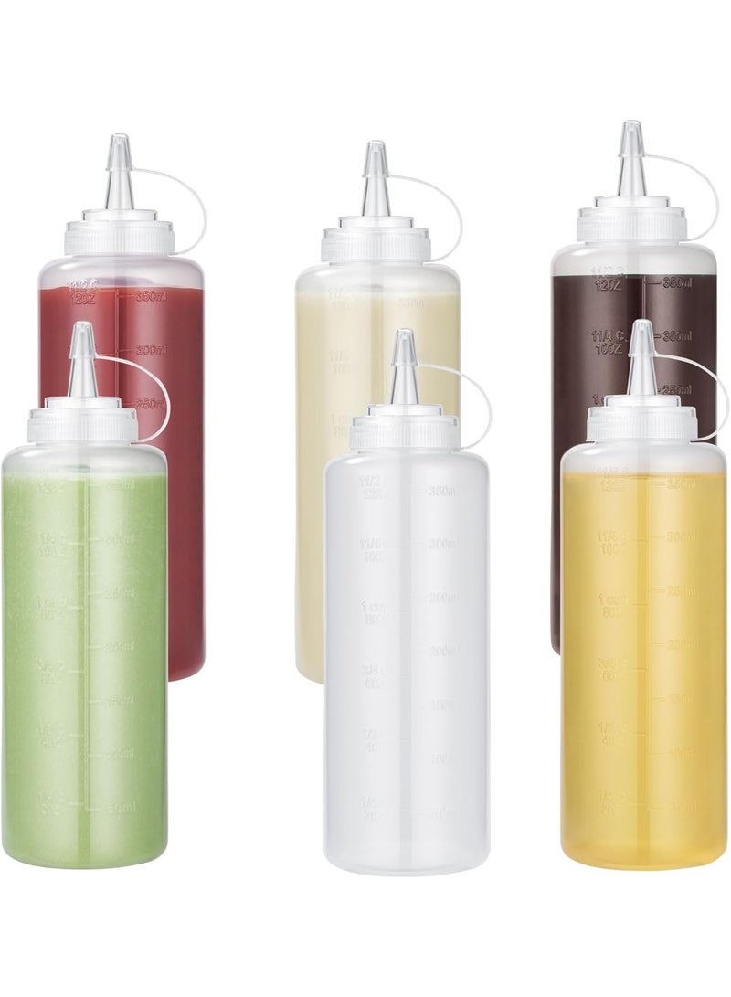 12oz Condiment Squeeze Bottles: Food-Grade Sauce Bottle with Twist on Cap and Measurement, Leakproof Squirt Reusable Clear Oil Container Dispenser for Ketchup, BBQ, Salad, Dressing (Set of 6) 
