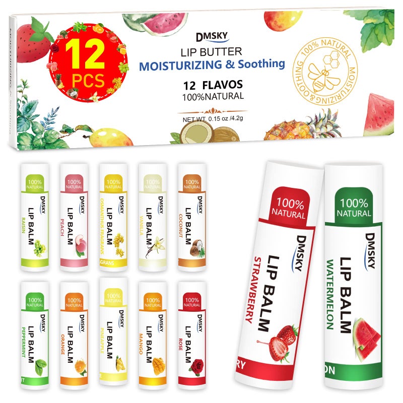 DMSKY 12 Pack Lip Balm, Natural Lip Balm Bulk with Vitamin E and Coconut Oil, Moisturizing Lip Care for Dry Chapped Lips, Party Favors-12 Flavors - Image 1