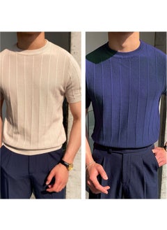 Cool Tarz Cool Style Mink-Navy Blue 2-Piece Men's Round Neck Knitted T-Shirt  - Image 1