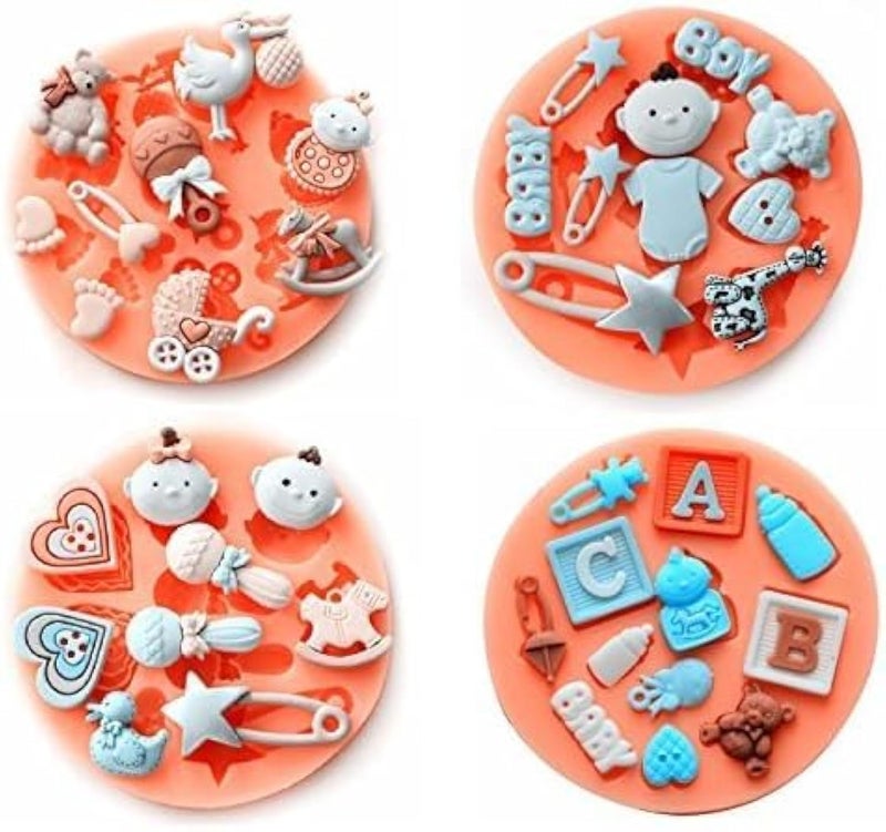 Baby Shower Theme Mini Cake Fondant Mold Decorating Set for Gummy Sugar Chocolate Candy Cupcake  Set of 4
