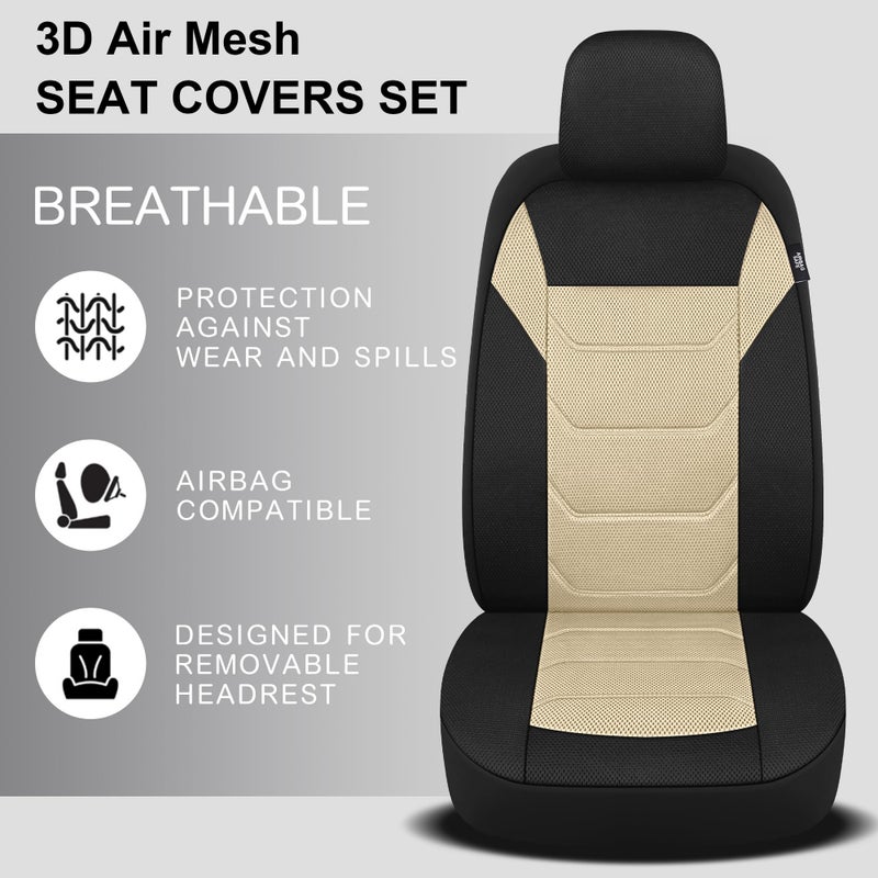 Pariiaotin 3D Air Mesh Car Seat Cover Full Sets Washable and Breathable Premium Cloth Automotive Vehicle Seat Covers for Cars Interior, Universal Fit for Most Cars, Sedan, Truck, SUV(Black/Beige) - Image 4