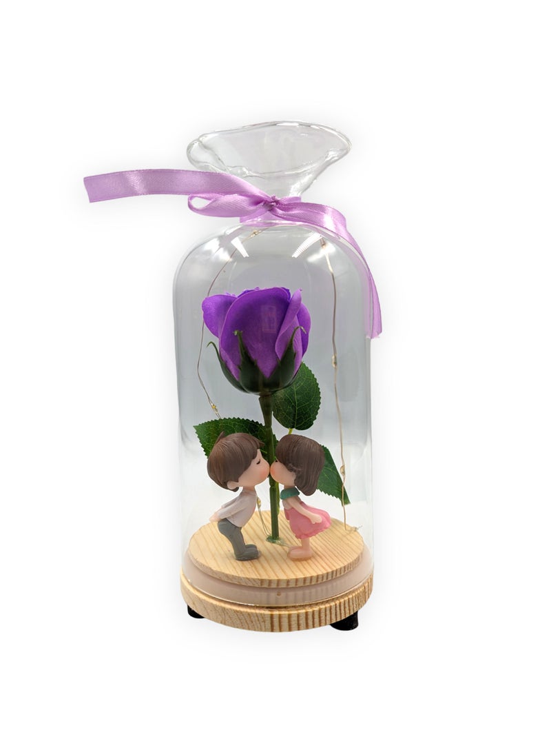 UNT Rose in Glass Dome with Miniature Couple and LED lights - Image 1