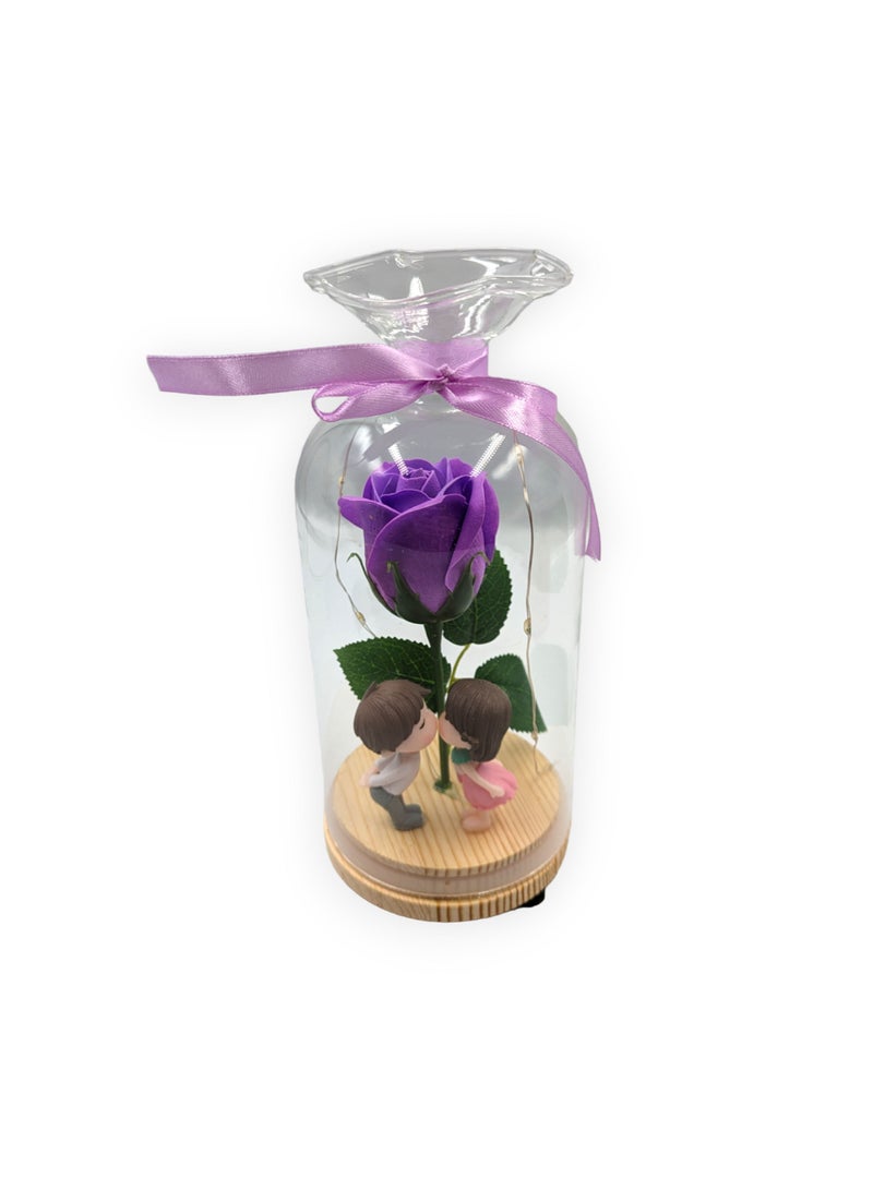 UNT Rose in Glass Dome with Miniature Couple and LED lights - Image 2