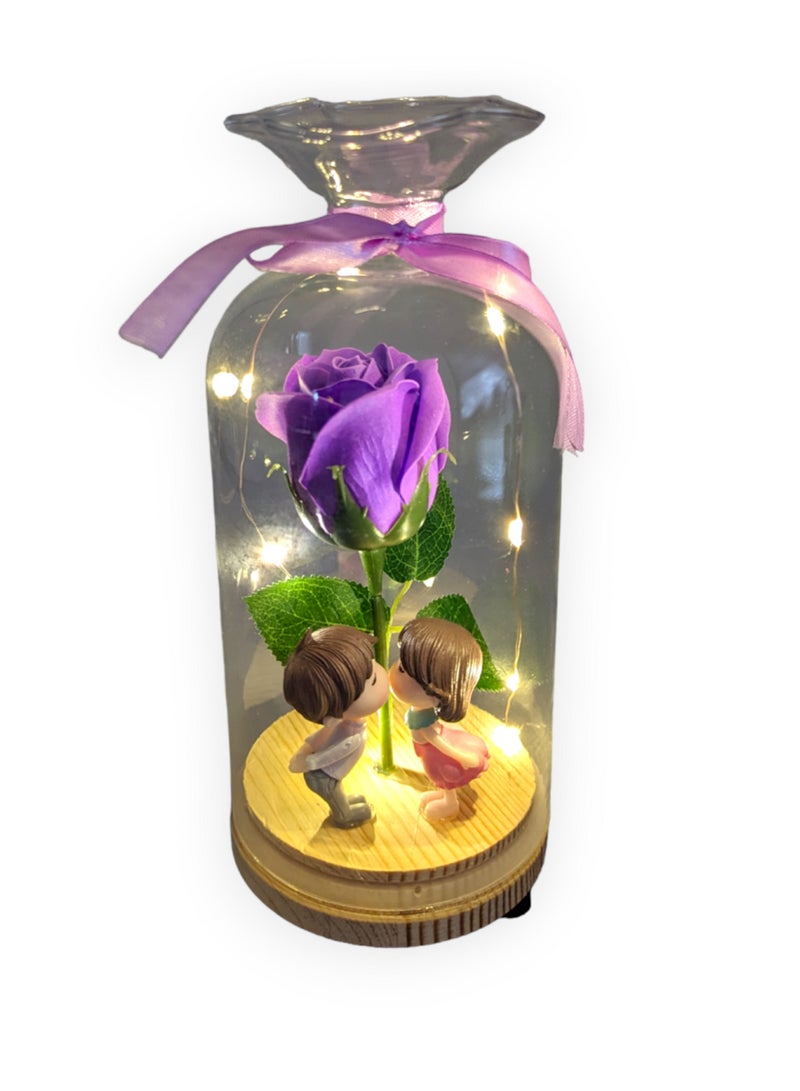 UNT Rose in Glass Dome with Miniature Couple and LED lights - Image 3