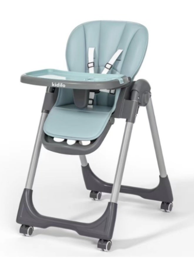 Kidilo Baby High Chair | Highchair with Lockable Wheels | Removable Feeding Tray with Cup Holder | 5-Point Safety Harness | Easy-Clean Padded Seat | Stable Frame | Compact Design for Baby & Toddler