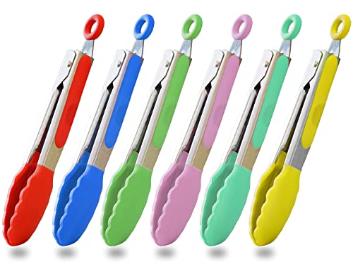 HINMAY Small Tongs Set 7-Inch Mini Tongs with Silicone Tips, Set of 6 (Red Blue Green Pink Mint Yellow) - Image 1