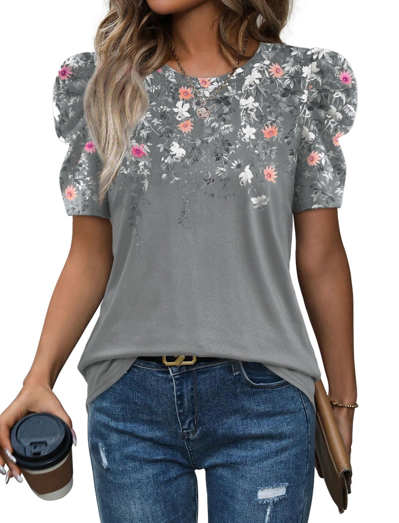WIHOLL Womens Blouses Dressy Casual Short Sleeve Curve Hem Shirts Spring Business Work Floral Summer Tops Fashion Clothing Crewneck Tshirts Grey M - Image 1