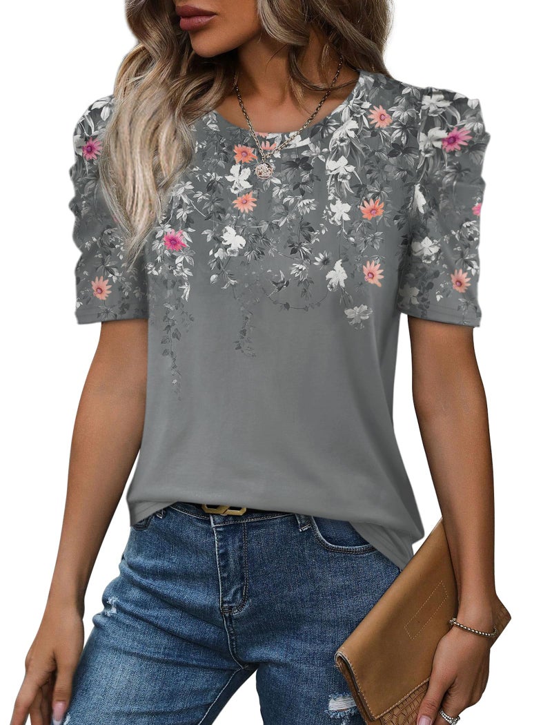 WIHOLL Womens Blouses Dressy Casual Short Sleeve Curve Hem Shirts Spring Business Work Floral Summer Tops Fashion Clothing Crewneck Tshirts Grey M - Image 3