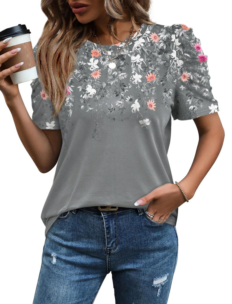 WIHOLL Womens Blouses Dressy Casual Short Sleeve Curve Hem Shirts Spring Business Work Floral Summer Tops Fashion Clothing Crewneck Tshirts Grey M - Image 2