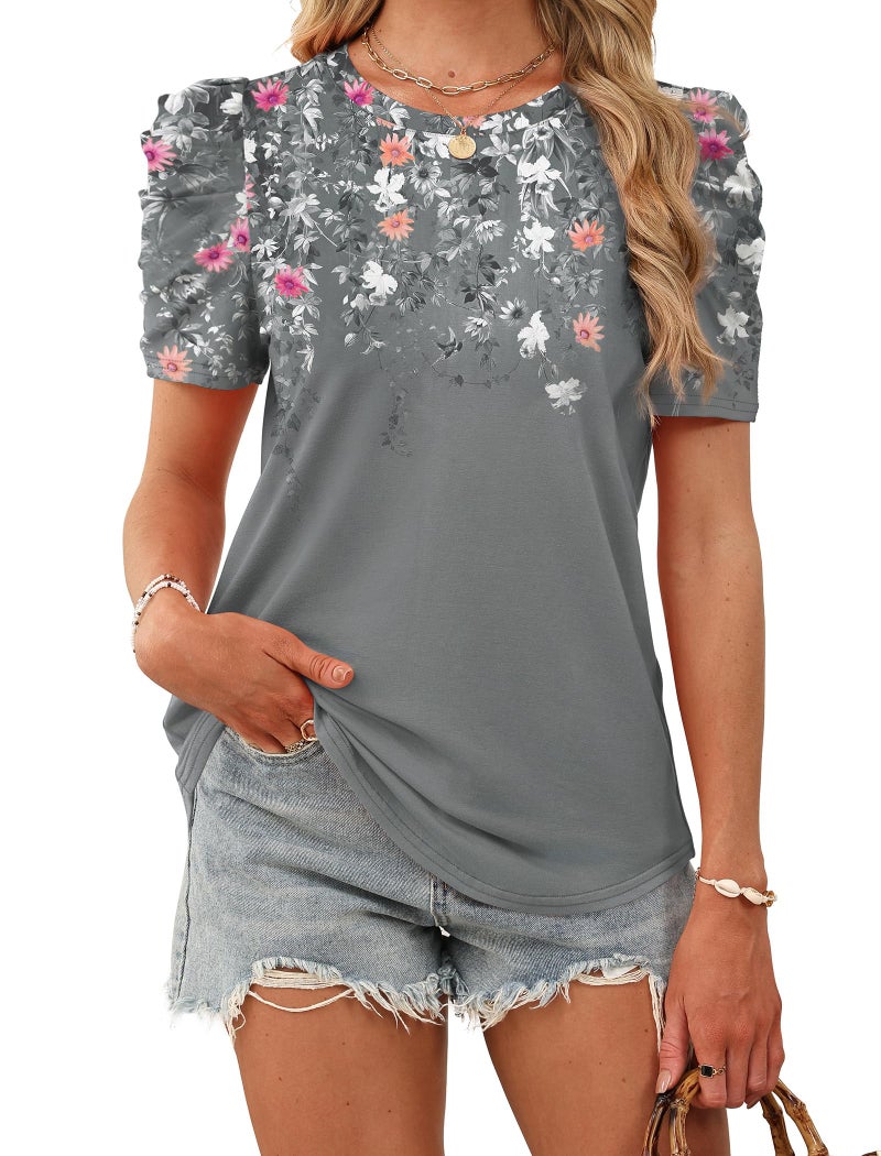 WIHOLL Womens Blouses Dressy Casual Short Sleeve Curve Hem Shirts Spring Business Work Floral Summer Tops Fashion Clothing Crewneck Tshirts Grey M - Image 4