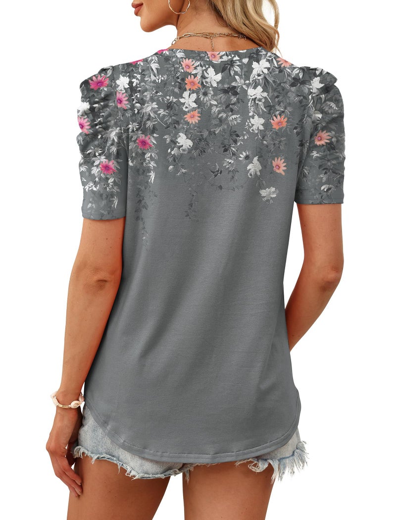 WIHOLL Womens Blouses Dressy Casual Short Sleeve Curve Hem Shirts Spring Business Work Floral Summer Tops Fashion Clothing Crewneck Tshirts Grey M - Image 5