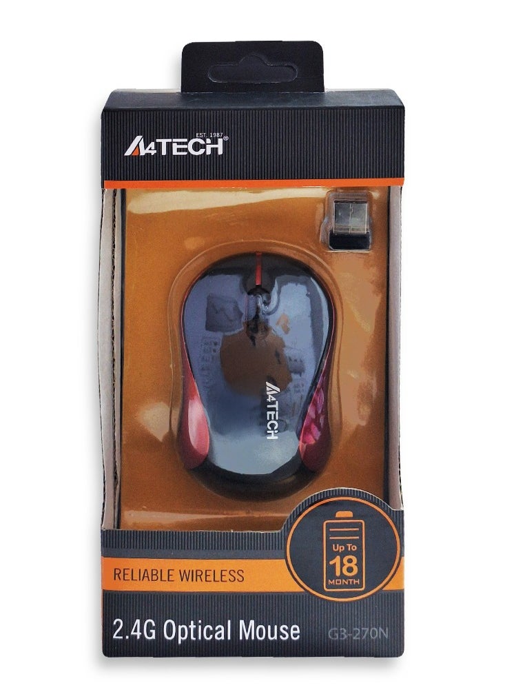 A4TECH - Mini Wireless Mouse for laptops G3-270 , 2.4GHz V-Track Mouse 1200 DPI , distance up to 10-15m ,  battery changes with energy-efficient engineering , optical - red - Image 1