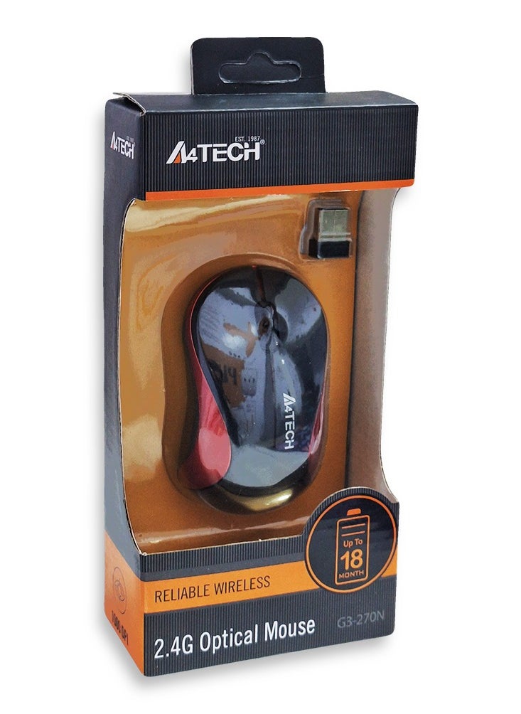 A4TECH - Mini Wireless Mouse for laptops G3-270 , 2.4GHz V-Track Mouse 1200 DPI , distance up to 10-15m ,  battery changes with energy-efficient engineering , optical - red - Image 1