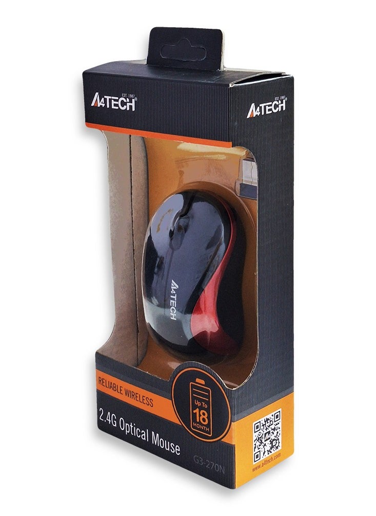 A4TECH - Mini Wireless Mouse for laptops G3-270 , 2.4GHz V-Track Mouse 1200 DPI , distance up to 10-15m ,  battery changes with energy-efficient engineering , optical - red - Image 1