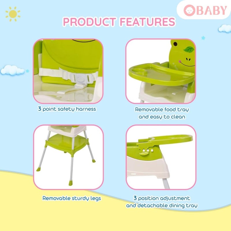 OBaby طاولة طعام مع مقعد، صينية قابلة للإزالة/قابلة للتعديل/قابلة للطي/متعددة الوظائف/قابلة للغسل كرسي طعام/إطعام للأطفال من 0 إلى 6 سنوات - Image 4