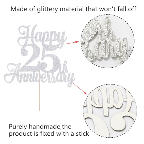 Kaoenla Happy 25th Anniversary Cake Topper - Silver Wedding Party Decor，25th/twenty-five marriage/Company Anniversary，25 Birthday Party Decor - Image 3