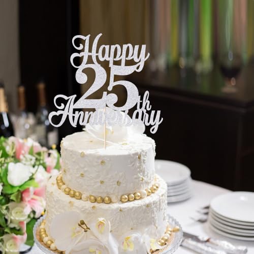 Kaoenla Happy 25th Anniversary Cake Topper - Silver Wedding Party Decor，25th/twenty-five marriage/Company Anniversary，25 Birthday Party Decor - Image 1