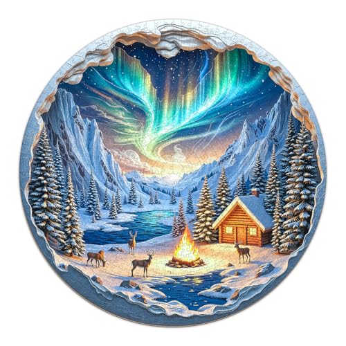 AEEKDOOK Northern Lights Puzzles for Adults 1000 Pieces Winter Snow Scene Cabin Bonfire Jigsaw Puzzles 1000 Pieces for Adults Fun Puzzles with Letters On Back Challenging Game Toys 265 265in - Image 1
