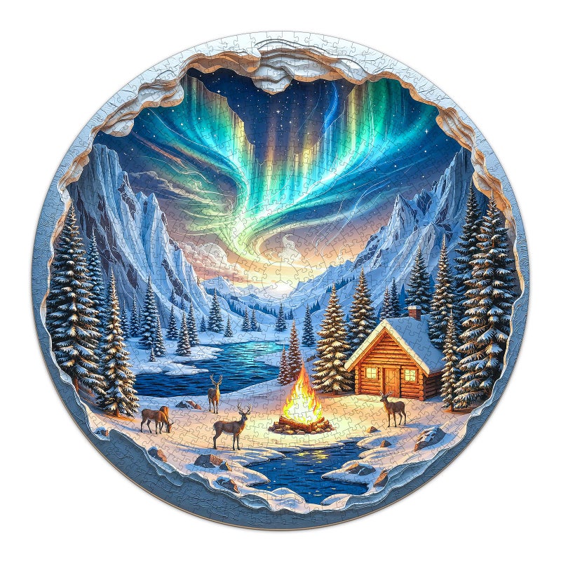 AEEKDOOK Northern Lights Puzzles for Adults 1000 Pieces Winter Snow Scene Cabin Bonfire Jigsaw Puzzles 1000 Pieces for Adults Fun Puzzles with Letters On Back Challenging Game Toys 265 265in - Image 3