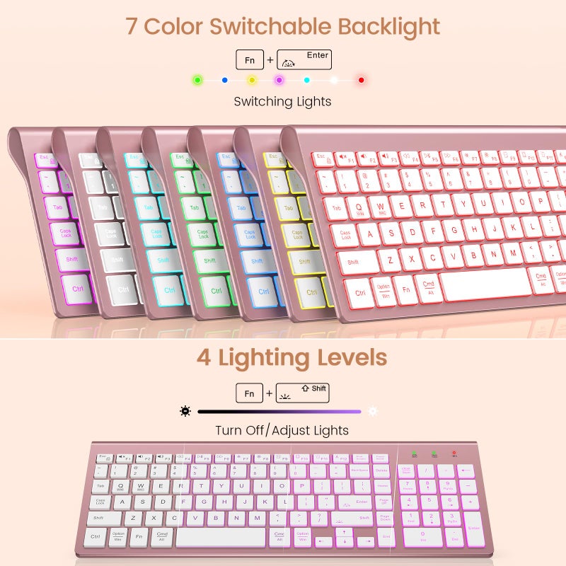 SABLUTE Wireless Keyboard with 7 Colored Backlits, Rechargeable Silent Compact Cordless Computer Keyboard with Low Profile Quiet Light Up Keys for Windows, PC, Linux, Chrome, Mac (Rose Gold) - Image 1
