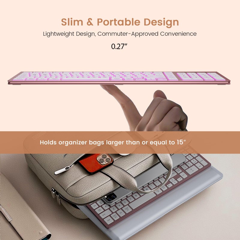 SABLUTE Wireless Keyboard with 7 Colored Backlits, Rechargeable Silent Compact Cordless Computer Keyboard with Low Profile Quiet Light Up Keys for Windows, PC, Linux, Chrome, Mac (Rose Gold) - Image 3