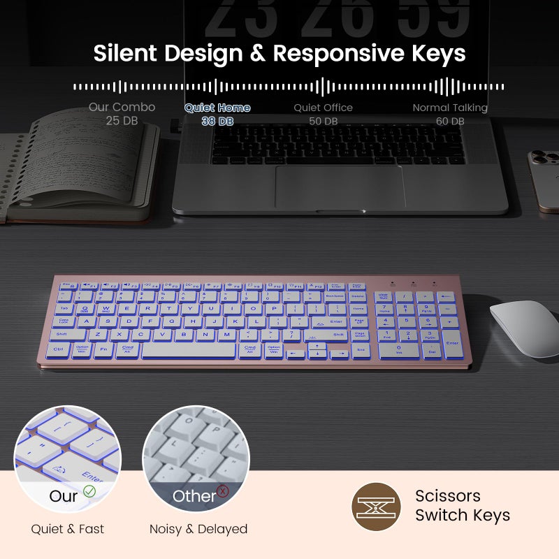 SABLUTE Wireless Keyboard with 7 Colored Backlits, Rechargeable Silent Compact Cordless Computer Keyboard with Low Profile Quiet Light Up Keys for Windows, PC, Linux, Chrome, Mac (Rose Gold) - Image 5