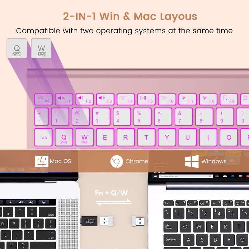 SABLUTE Wireless Keyboard with 7 Colored Backlits, Rechargeable Silent Compact Cordless Computer Keyboard with Low Profile Quiet Light Up Keys for Windows, PC, Linux, Chrome, Mac (Rose Gold) - Image 4