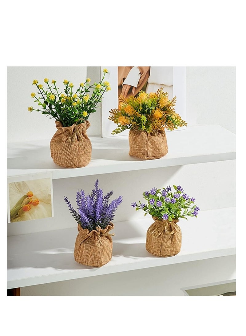 Raxoom 4 Pack Artificial Potted Flowers in Small Burlap Bag Vases Fake Potted Plants for Home Coffee Table Bookshelf Office Desk Decorations Kitchen Dining Room Fake Plants Indoor  - Image 1