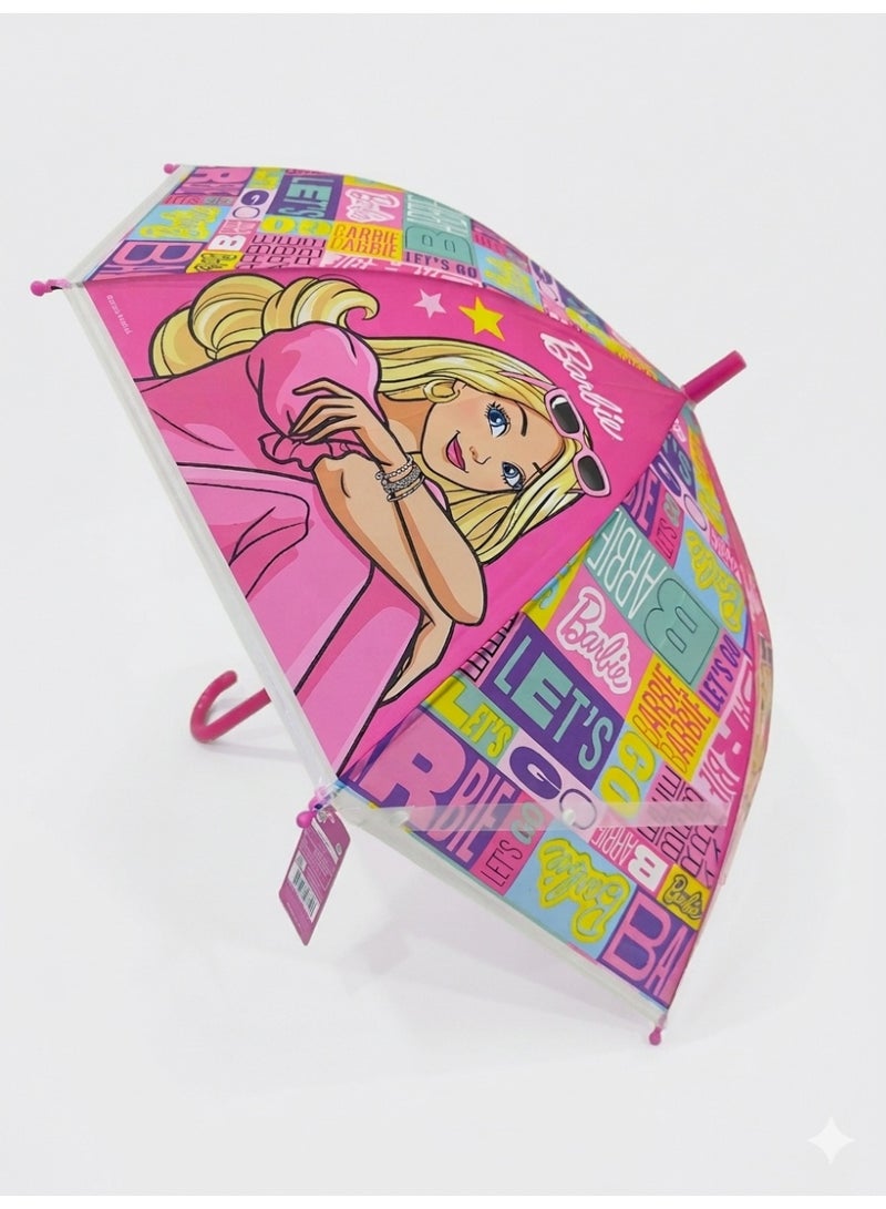 Barbie Kids' Pink Manual Open Umbrella – Mattel Official Licensed Product, Easy-Grip J-Handle, Windproof Rain Gear for Girls - Image 1