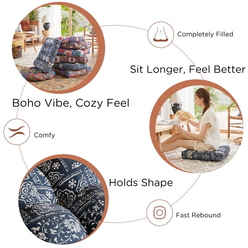 Codi Meditation Floor Pillow Set of 2, Large Pillows Seating for Adults and Kids, Bohemian Cushion for Fireplace Yoga Living Room Sitting, Memory Foam Added, 22x22 Inch Indigo Elephant - Image 3