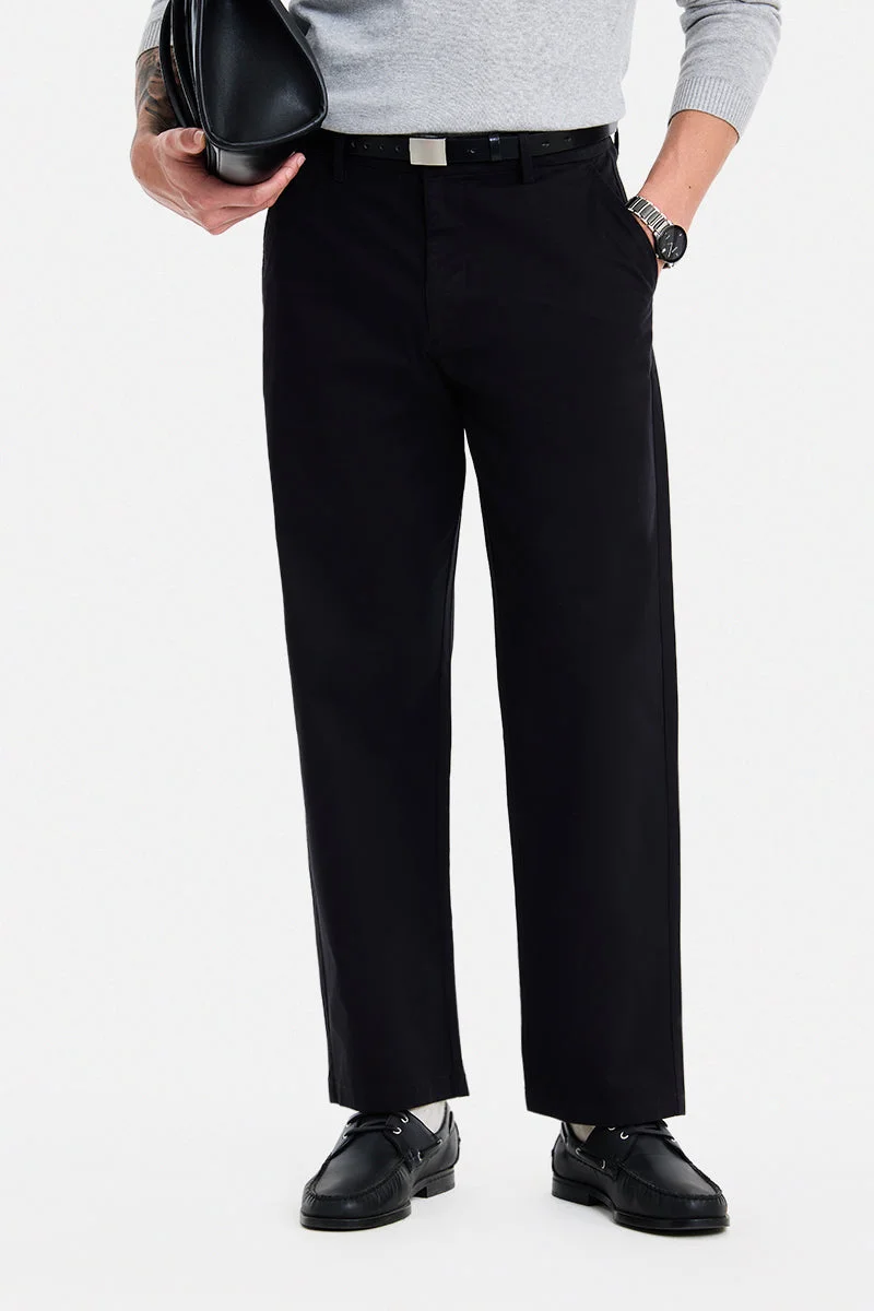 SNITCH Black Solid Wide Leg Casual Chinos