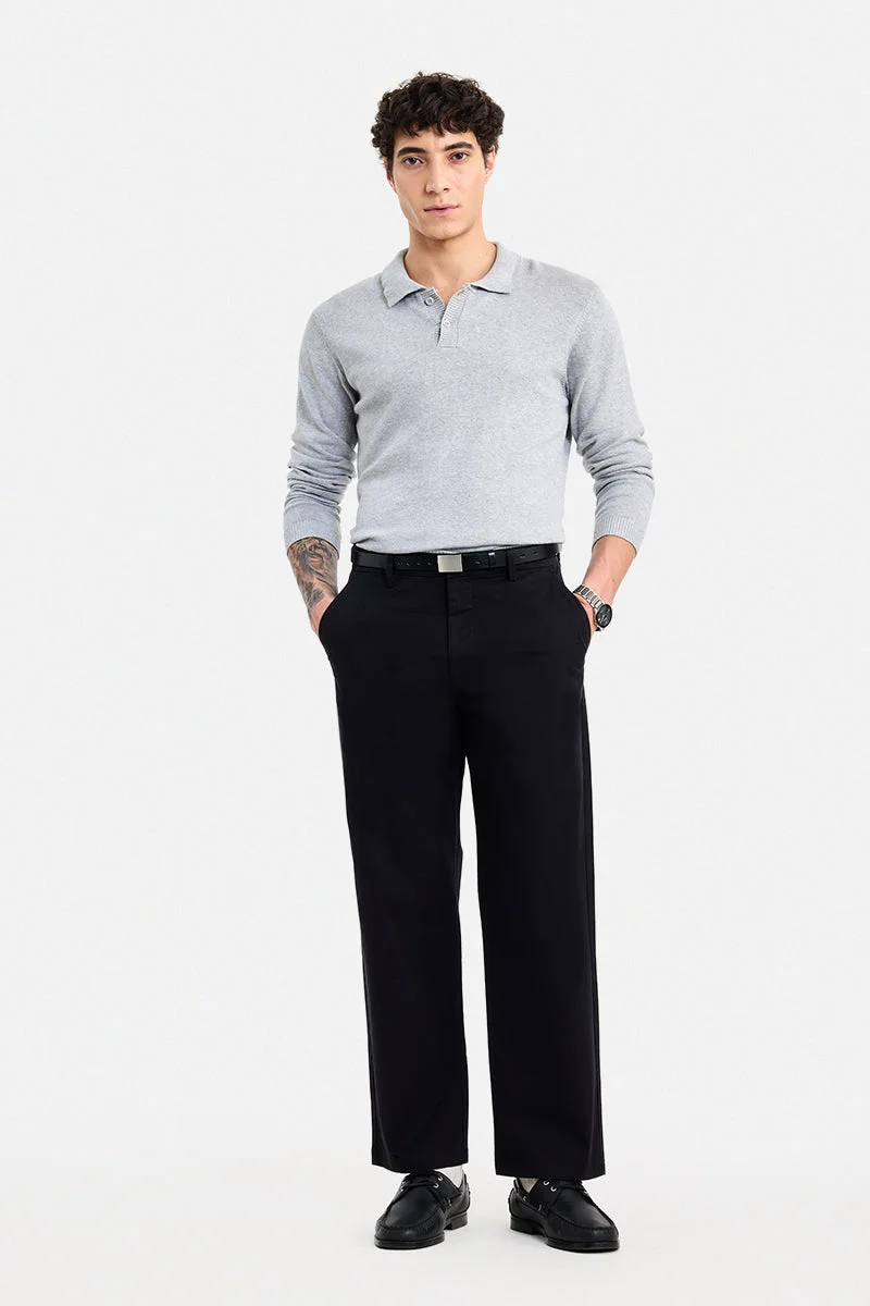 SNITCH Black Solid Wide Leg Casual Chinos