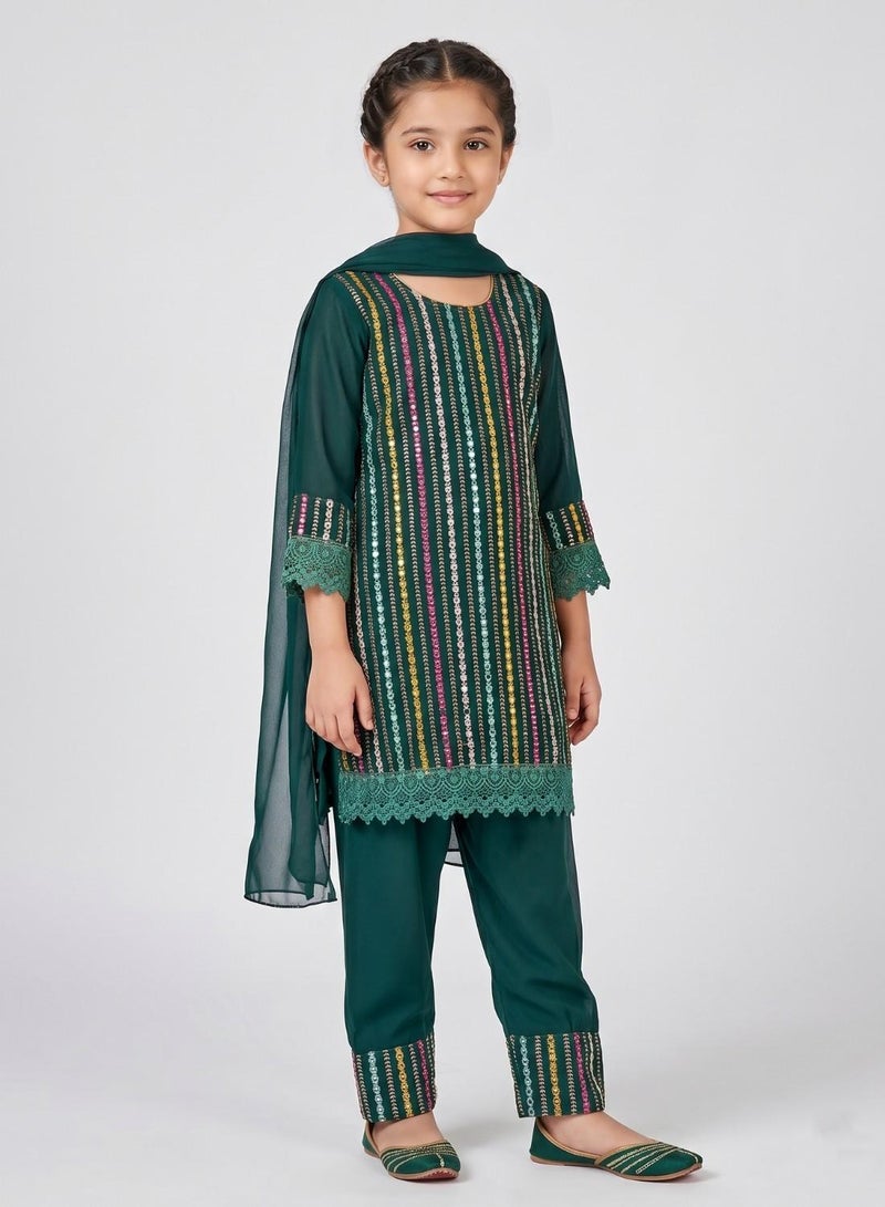 babyqlo Girls Green Kurta Pant Set With Dupatta - Image 1