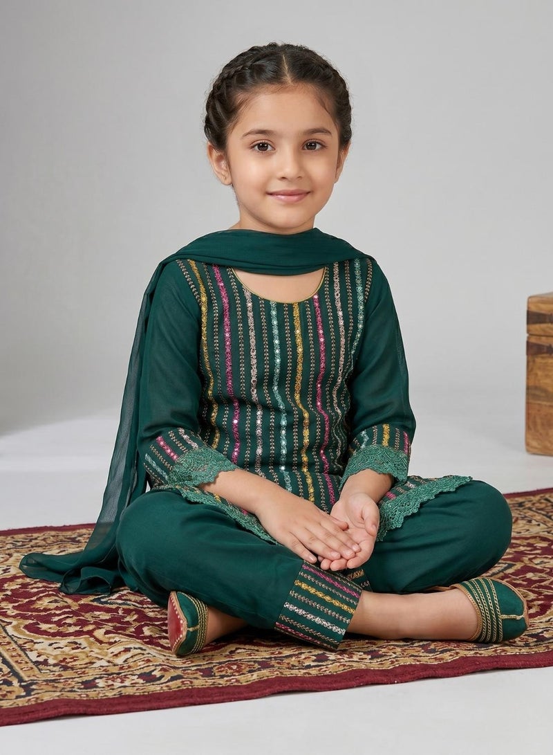 babyqlo Girls Green Kurta Pant Set With Dupatta - Image 4