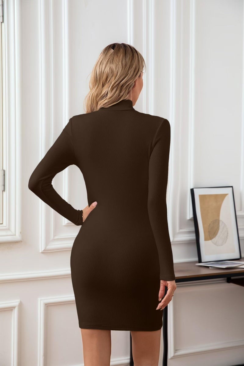 VICHYIE Women High Neck Bodycon Mini Long Sleeve Tight Ribbed Dress Coffee M - Image 5