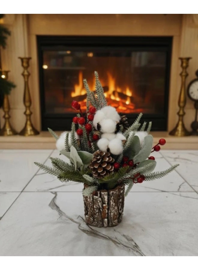 AKDC 34cm Premium Christmas Tree Décor with Red Berries & Cotton Bolls | Natural Winter Plant Accent - Image 2