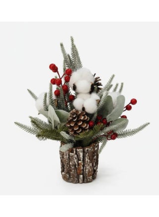 AKDC 34cm Premium Christmas Tree Décor with Red Berries & Cotton Bolls | Natural Winter Plant Accent