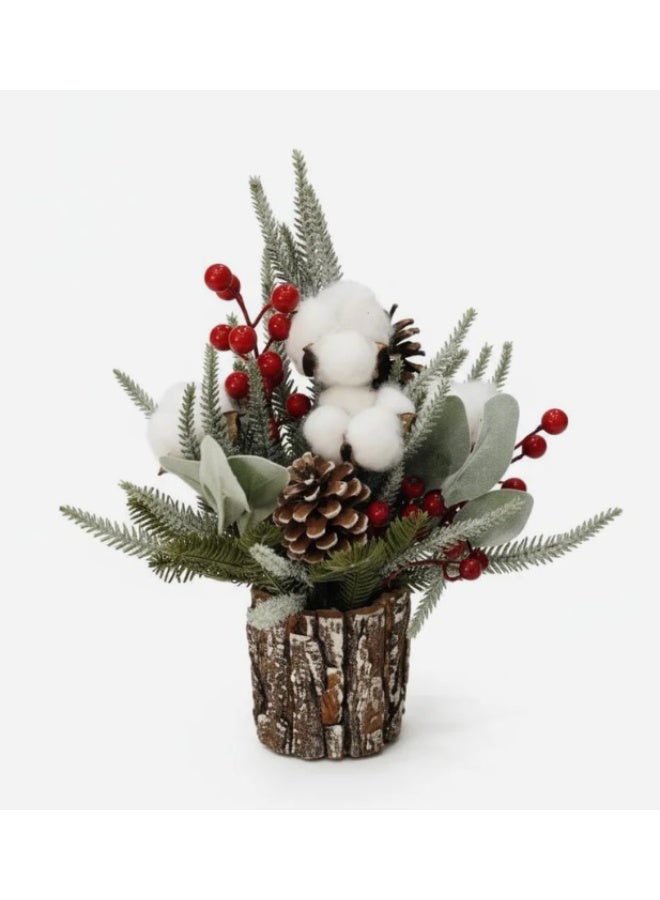 AKDC 34cm Premium Christmas Tree Décor with Red Berries & Cotton Bolls | Natural Winter Plant Accent - Image 1