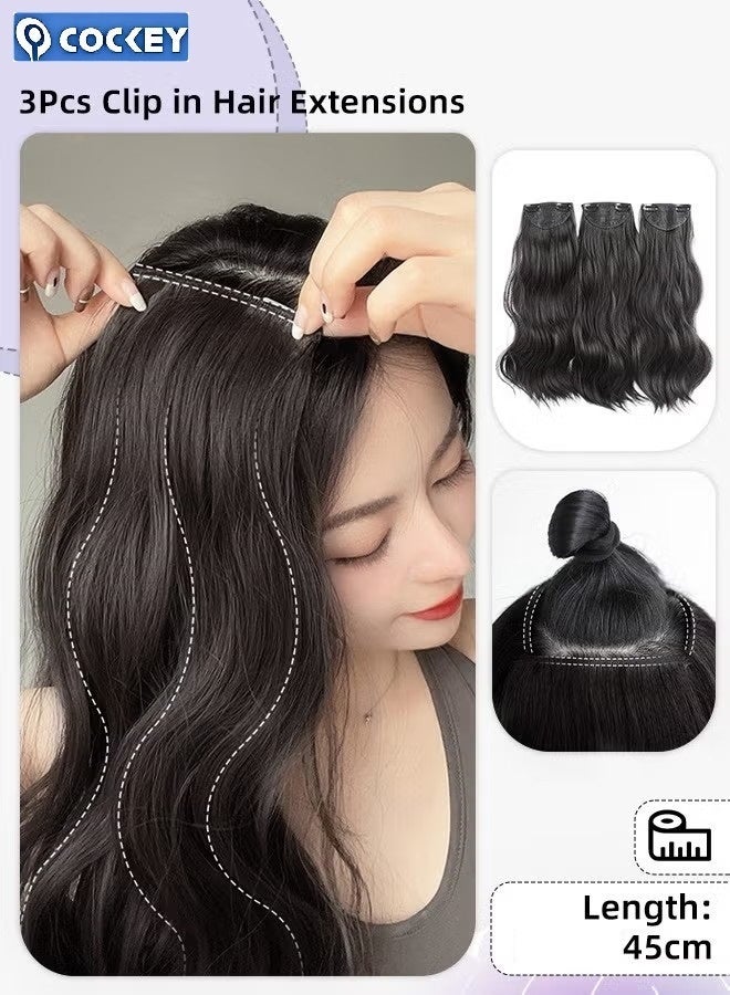 COCKEY 3Pcs Clip in Hair Extensions, Invisible Adjustable Long Wavy Synthetic Heat Resistant Hairpieces for Women Girls, Black, 45cm - Image 1