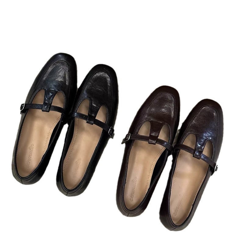 Women's Vintage Loafer Shoes - Sheepskin Lining, Round Toe, T-Strap, Flat Heel - Image 1