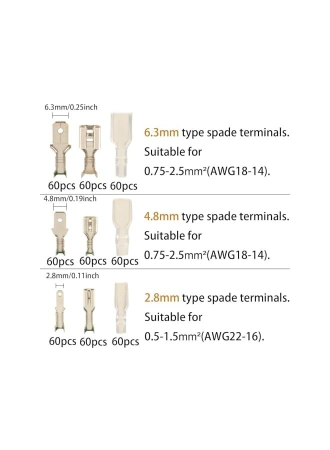 erorex 540pcs Spade Connectors Kit with Insulating Sleeves, 2.8mm, 4.8mm, 6.3mm Male and Female Crimp Terminals for Electrical Wiring - Image 4