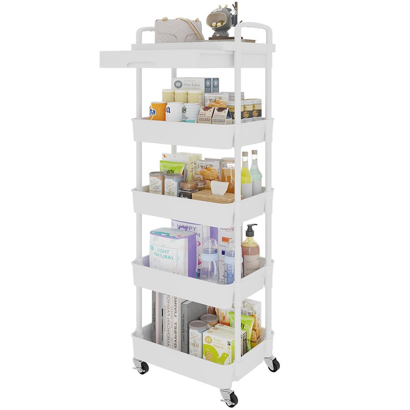 Calmootey 5Tier Rolling Utility Cart with DrawerMultifunctional Storage Organizer with Plastic Shelf  Metal WheelsStorage Cart for KitchenBathroomLiving RoomOfficeWhite