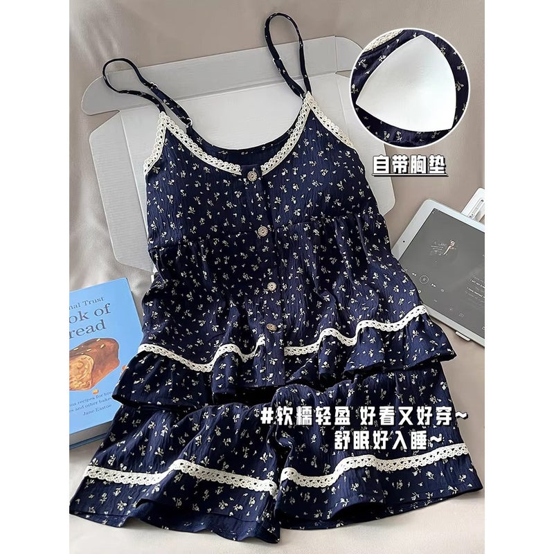 Korean Style Floral Pajamas for Women, Summer Lace Suspender Set
