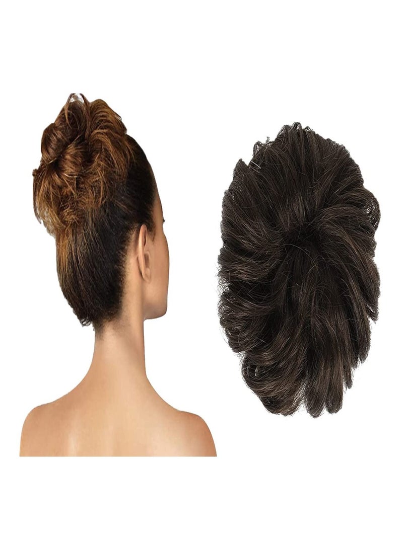 إستيل كعك فوضوي من شعرة الإنسان 100٪ كعكة شعر بشري قطعة شعر إطالة شعر بشري حقيقي مجعد خدوش شعر Tousled Updo قطع الشعر للنساء والفتيات بني غامق - Image 1