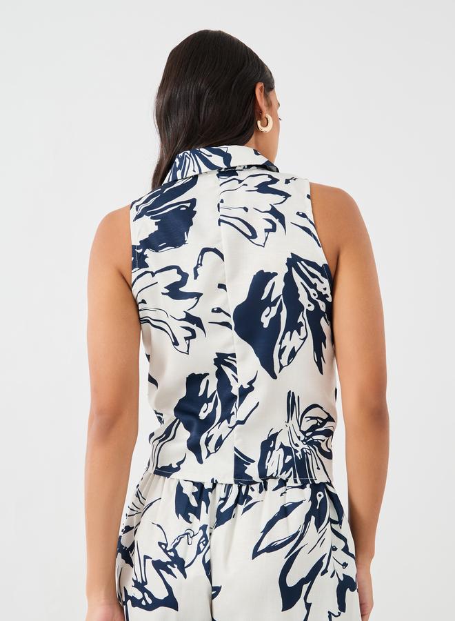 Styli Styli Printed Sleeveless Resort Collar Shirt with Tie-Up Detail  - Image 4