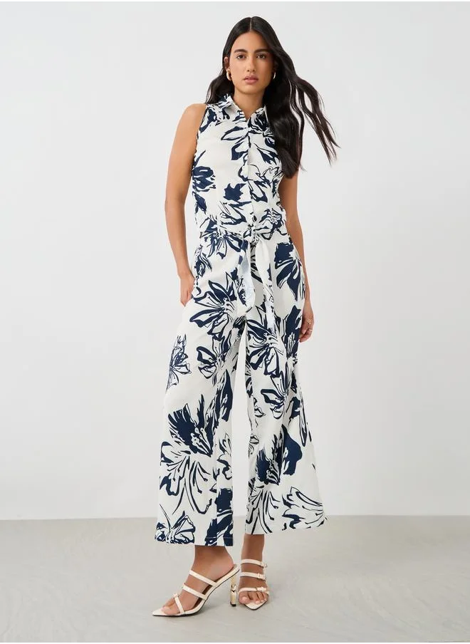 ستايلي Styli Printed Sleeveless Resort Collar Shirt with Tie-Up Detail